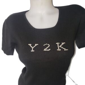 Y2K Shirt Womens Small Rhinestone Graphic QUEst-ce QUEcest Tee Baguette Paris